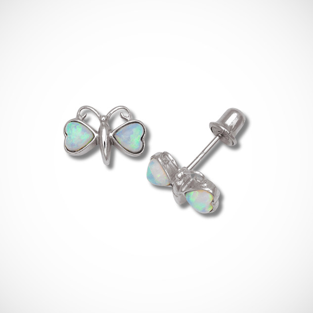14K Yellow & White Gold Children Opal Butterfly Stud Earrings Screw Back