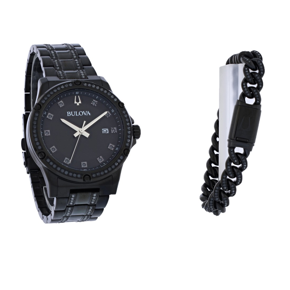 Bulova Crystal Men’s Black ION Plated Bracelet Set Quartz Watch 98K119