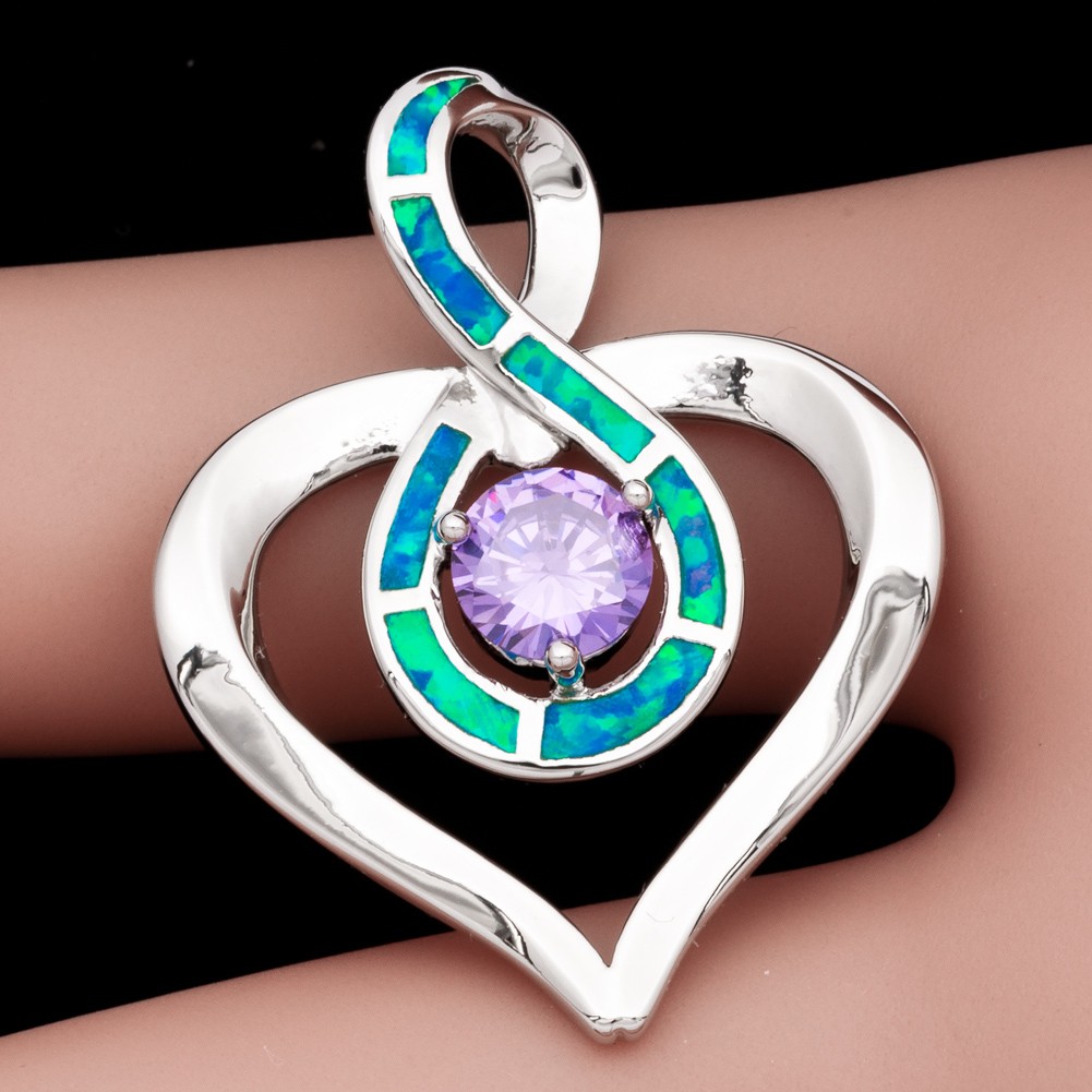 Heart Round Simulated Amethyst Blue Fire Opal Silver Jewelry Necklace Pendant