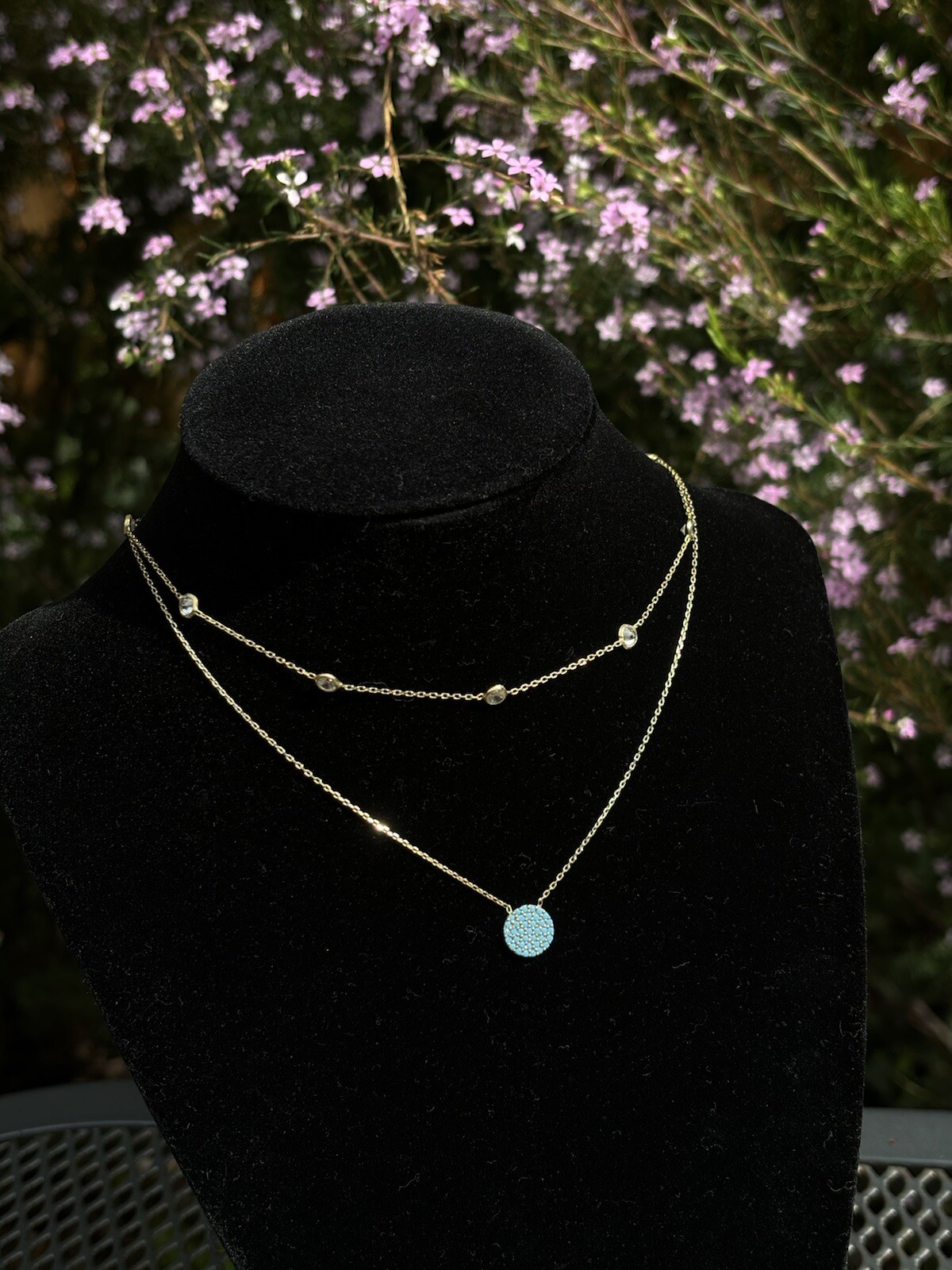 TURKEY 925 Sliver Necklace Layered Gold Tone CZ blue Circle Pendant Choker