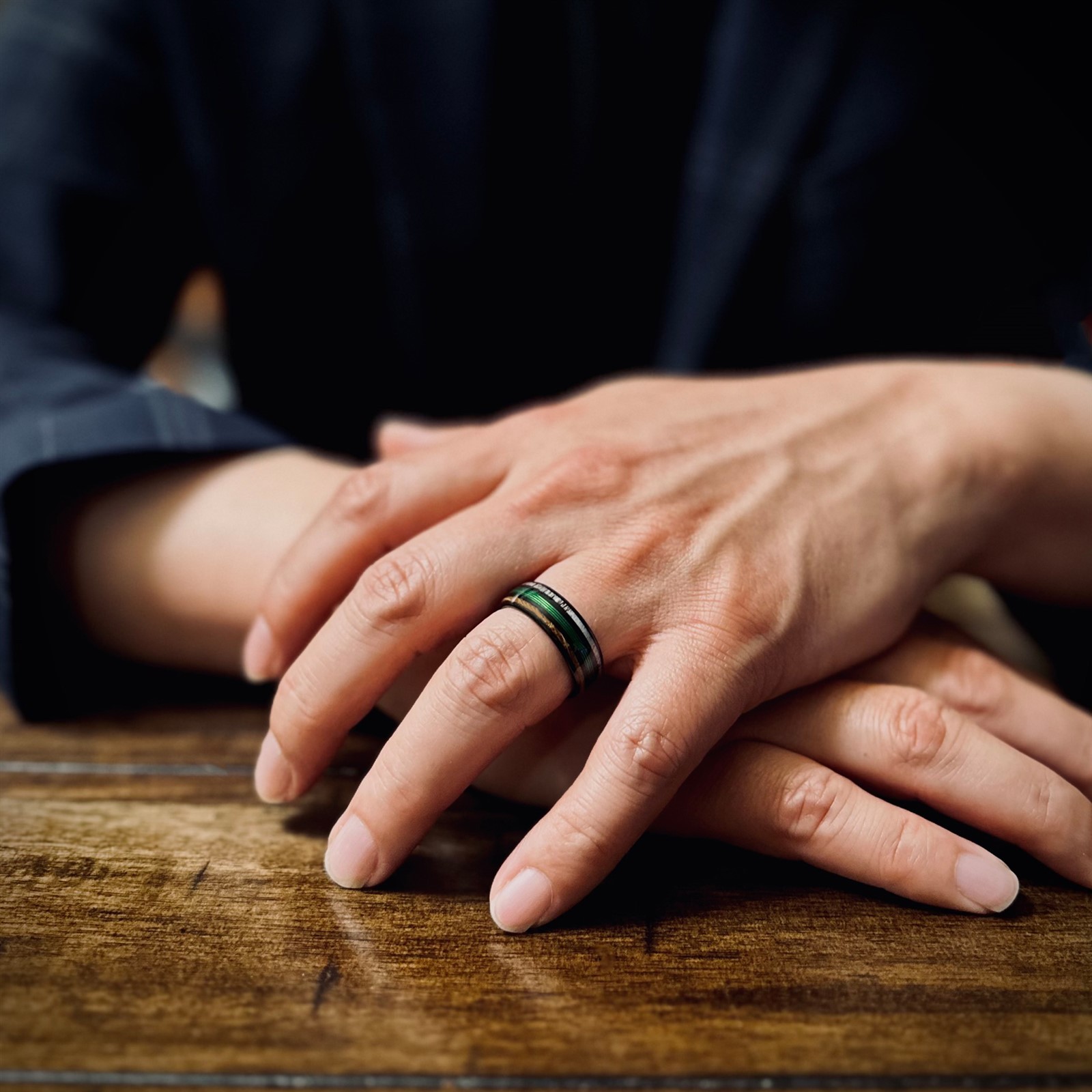 Black Tungsten Carbide Ring Green Fishing Line-Whiskey Barrel & Deer Antler Band