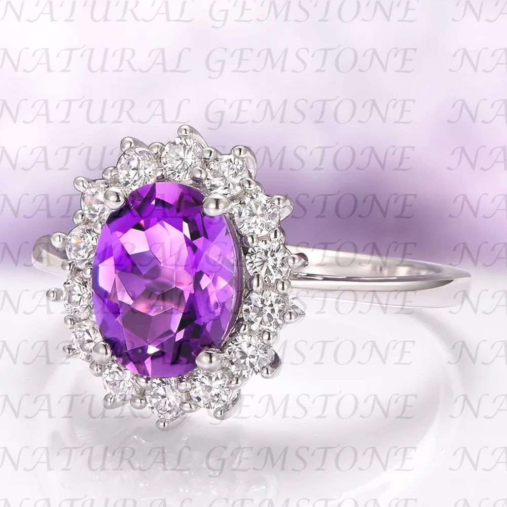 6.80Carat Oval Shape Natural Amethyst and Diamond Ring 18K White Gold Filled