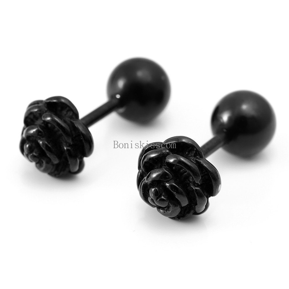 Charm Rose Flower Shape Stainless Steel Stud Earrings Bead Ball Screw Back