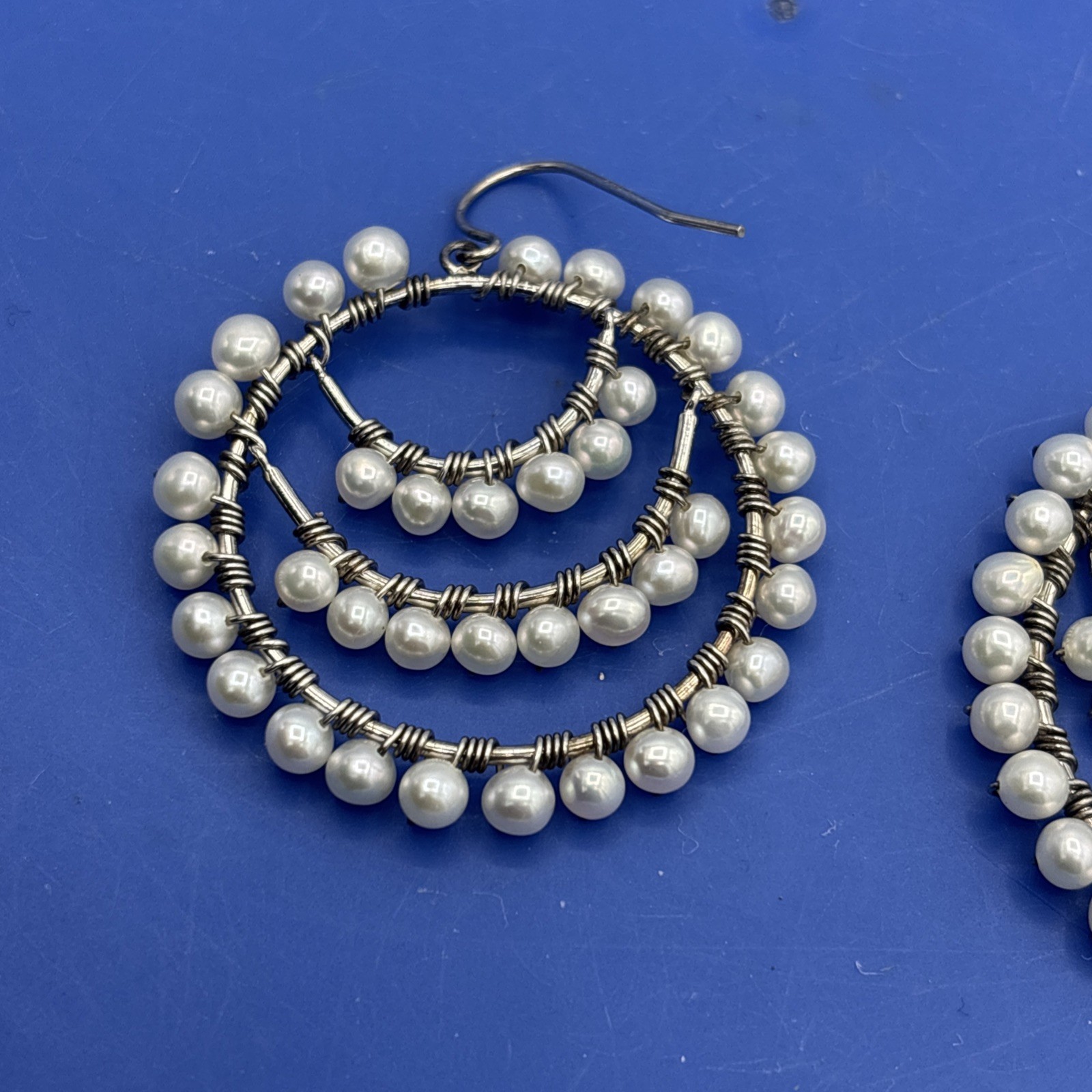 925 Sterling Silver Multi Hoop Wire Wrapped Faux Pearl Dangle Earrings 1.5″