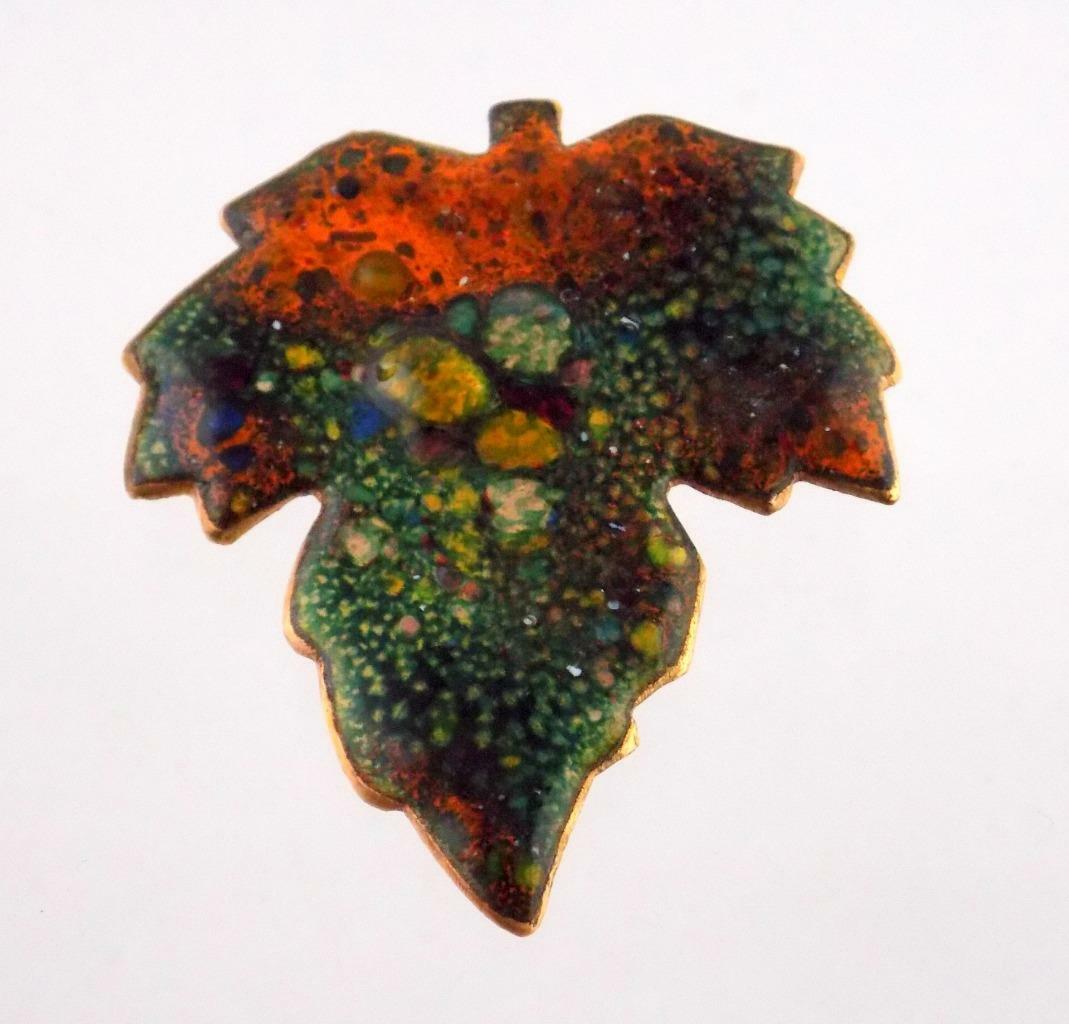 Vintage Enamel over Copper Leaf Pin MCM Mid Century Modern Brooch Unsigned VG