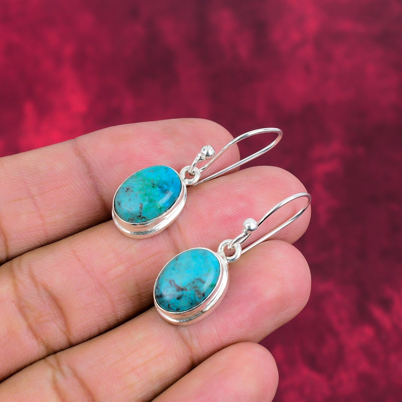 Tibetan Turquoise Gemstone Handmade 925 Solid Silver Beautiful Earrings Jewelry