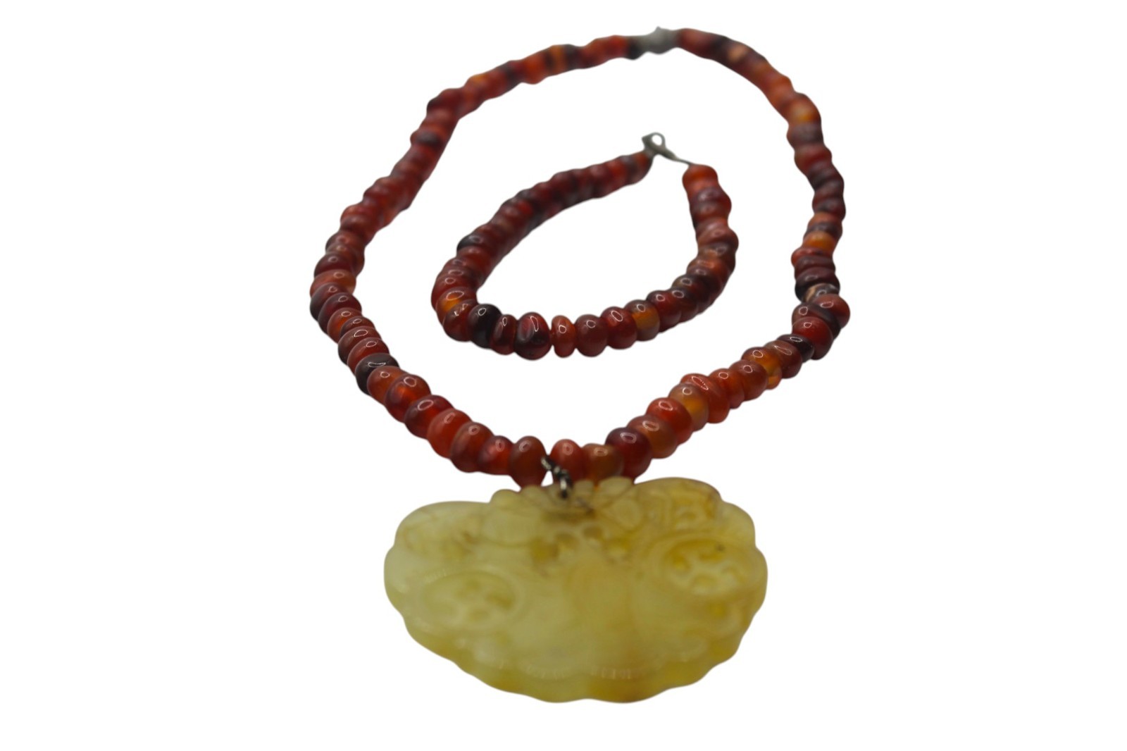 Vintage Carved Jade Carnelian Stone Beaded Necklace Bracelet Set 925 Clasp