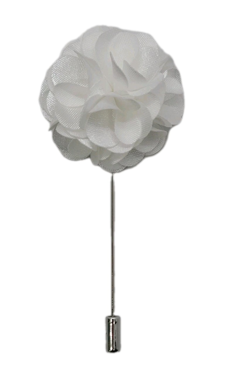 Fabric Flower Lapel Boutonniere Pin – White Satin Floral Stick Pin