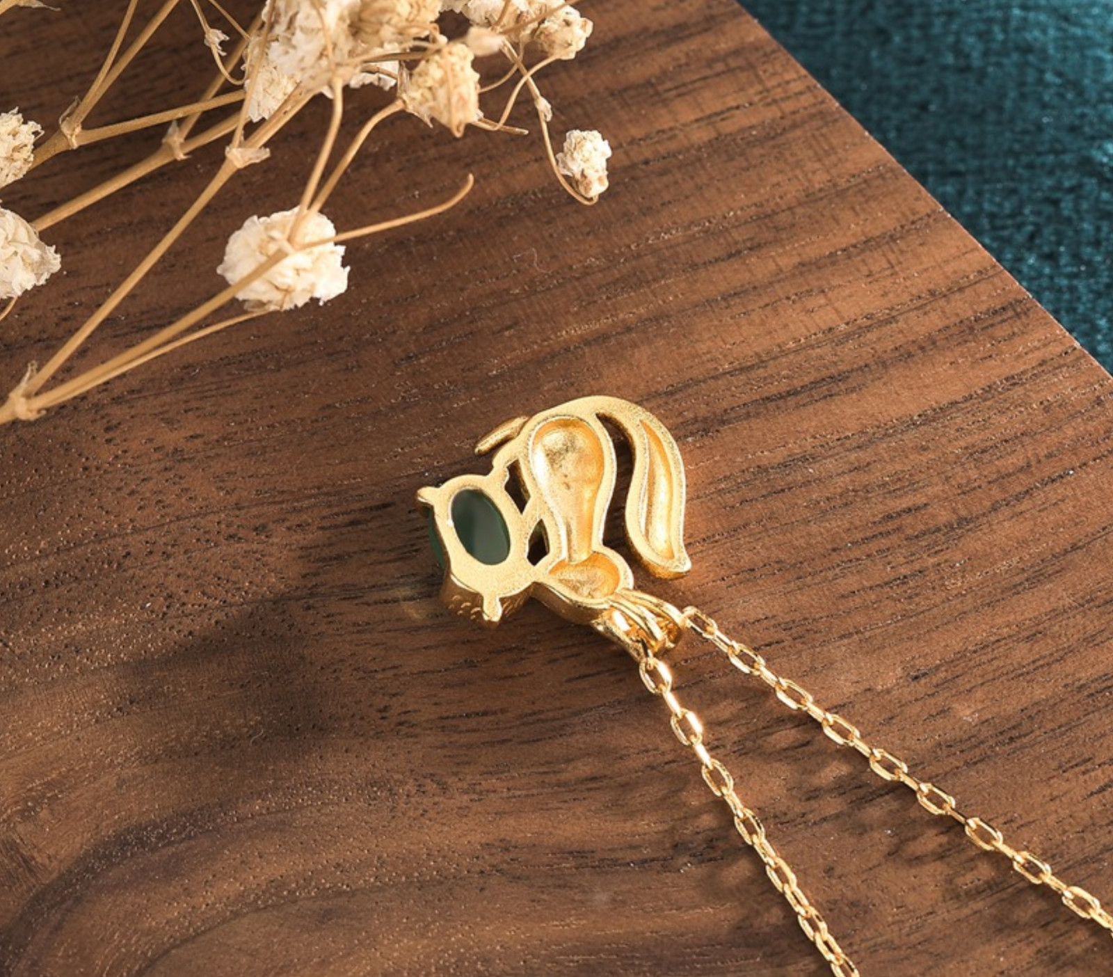 Jade Squirrel Acorn Pendant Necklace Charm 18K Gold Plated Chain Dainty Gemstone
