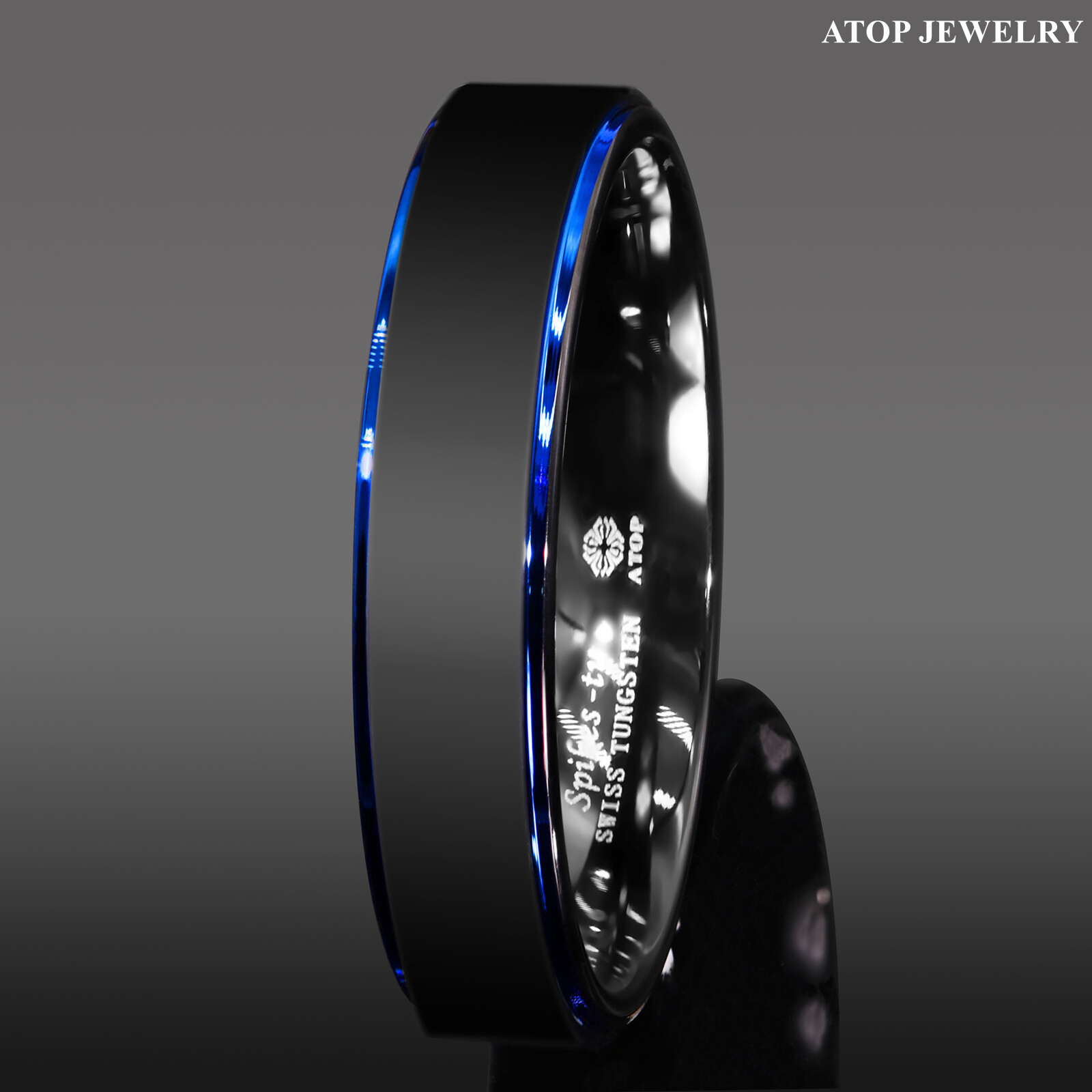 8/6mm Tungsten Ring Black Brushed Blue Stripe Wedding Band ATOP Men’s Jewelry
