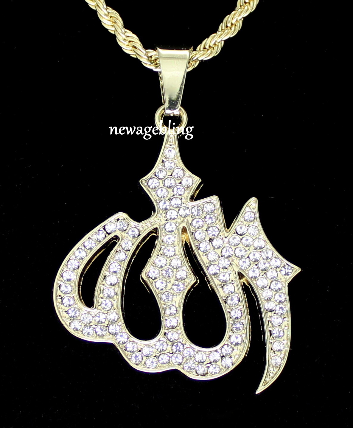 Large Iced Allah Rhinestone Pendant 14k Gold Plated 24″ Rope Necklace Hip Hop