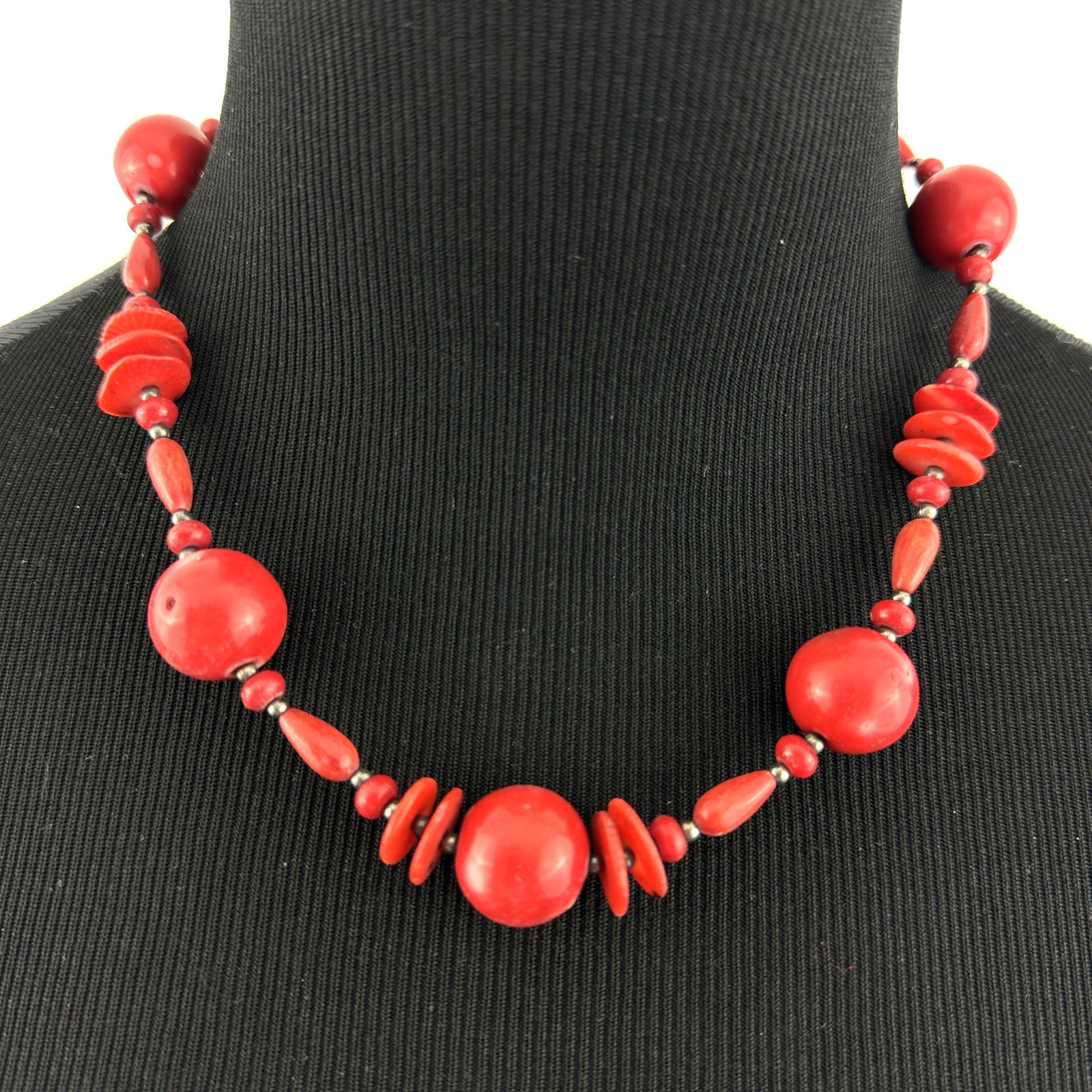 BAMBOO CORAL necklace – artisan-made red beads sterling silver toggle clasp
