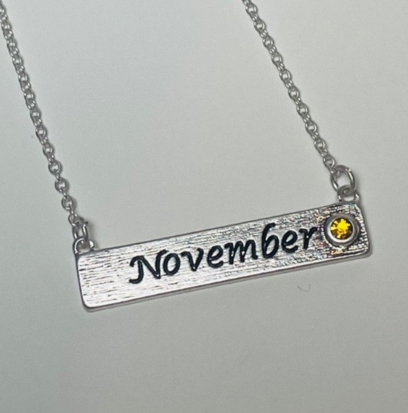 Personalized November Birthstone Necklace Bar Pendant Dainty Silver Plated