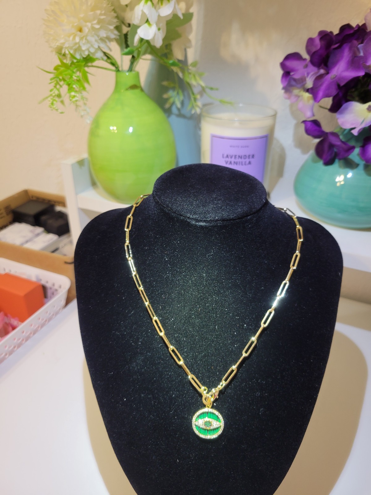 Gold Filled Evil Eye Medallion Paperclip Chain Charm Holder Necklace
