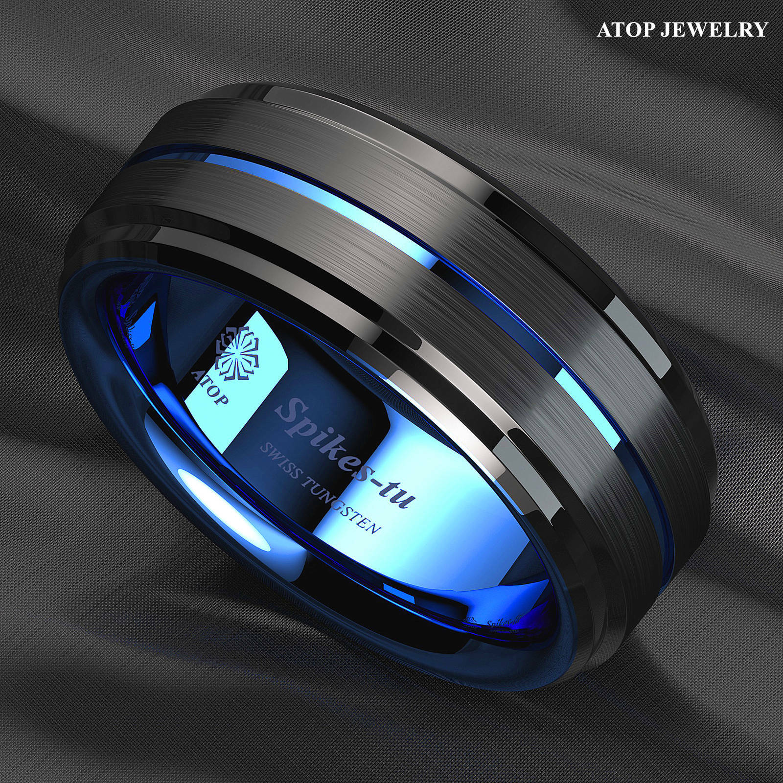 8mm Black Brushed Ladder Edge Tungsten Ring BLue Stripe ATOP Mens Wedding Band