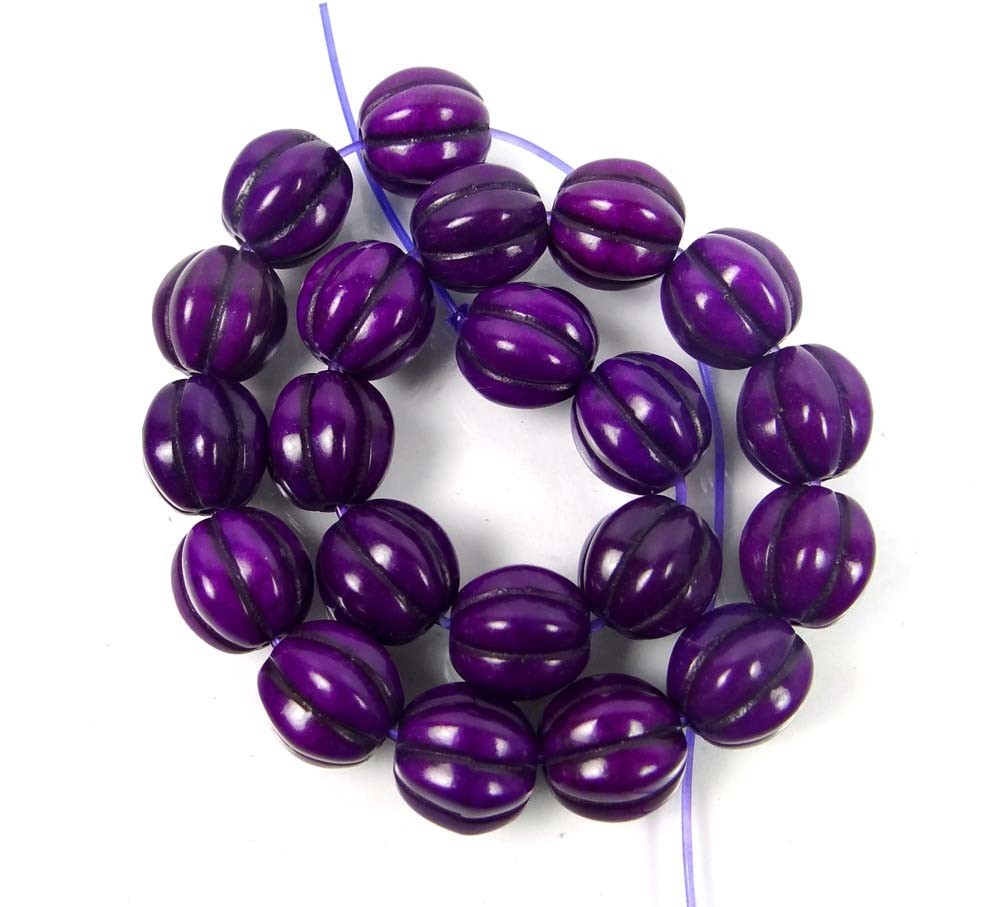 10mm Purple / Violet Turquoise Fluted Melon Round Beads (20)