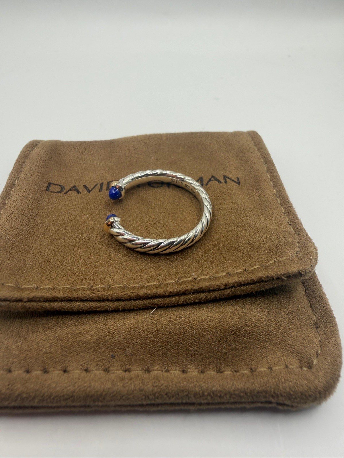 David Yurman Sterling Silver Petite Cable Open Ring W/ 14k Gold & Lapis Size 7