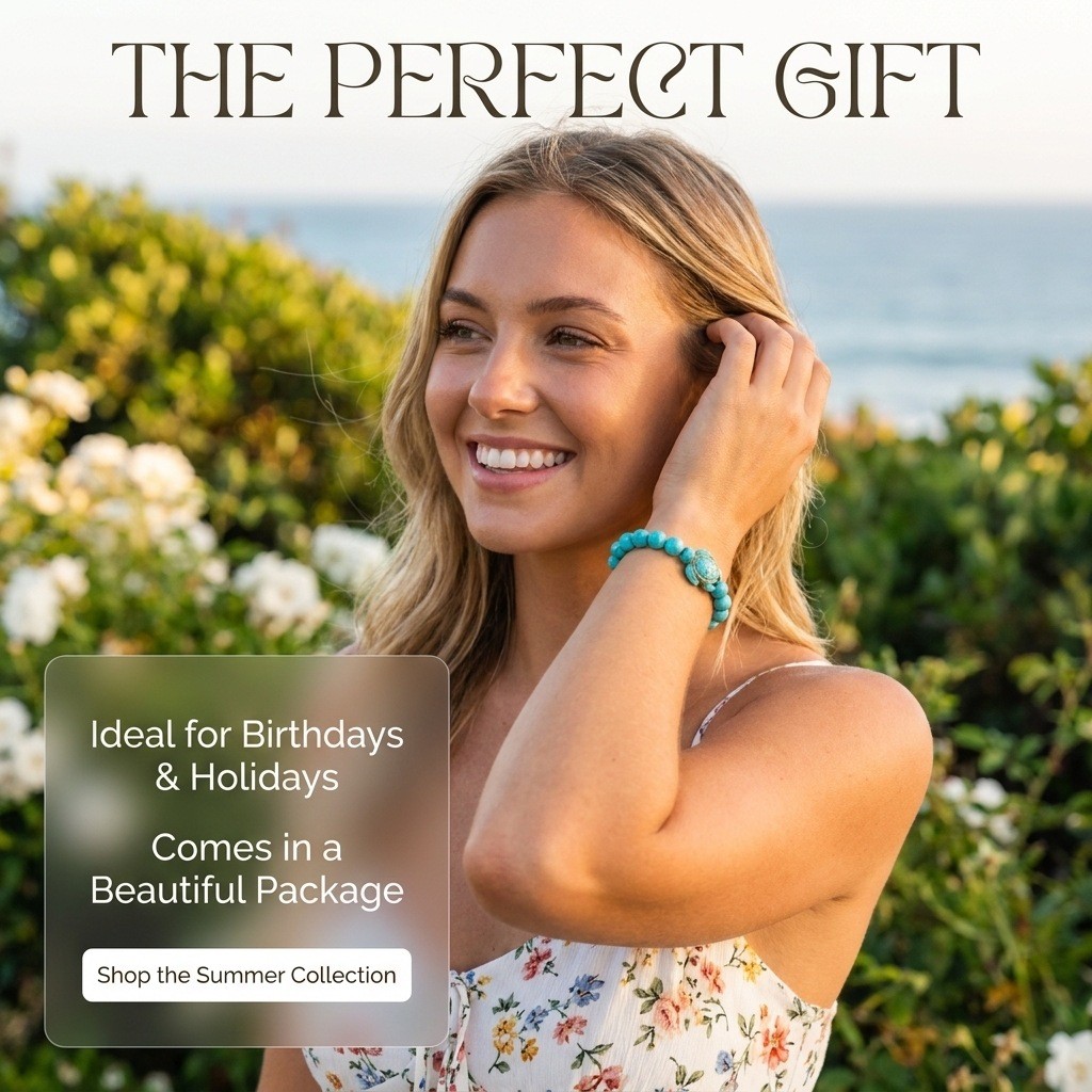 Natural Turquoise with Turtle Pendant—Stretchable Protective Bracelet for Women