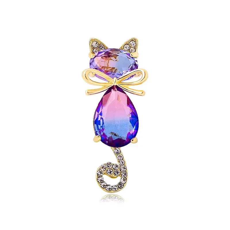 Cute Crystal Cat Brooch with Rhinestone Ears and Tail Birthday Christmas Gift