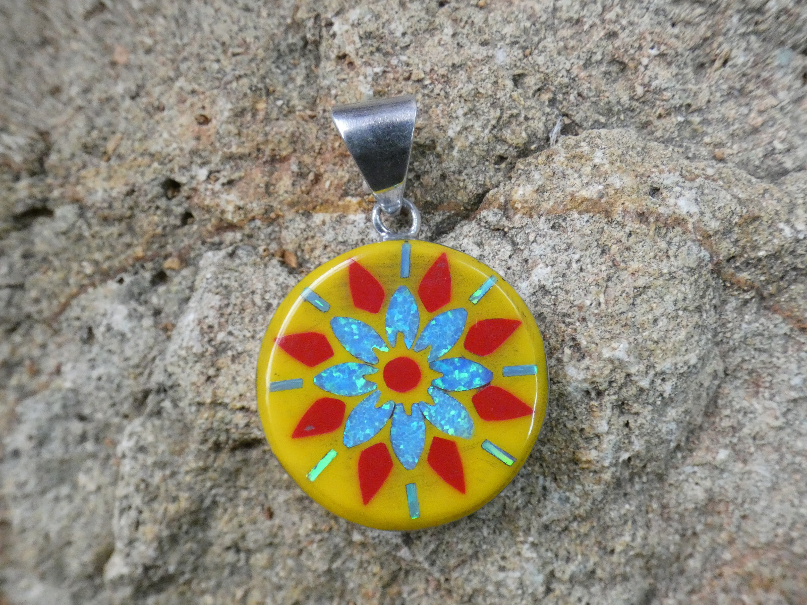 Yellow Flower Burst Gemstone Opal Aluminum Sterling Silver Alloy Pendant AK81
