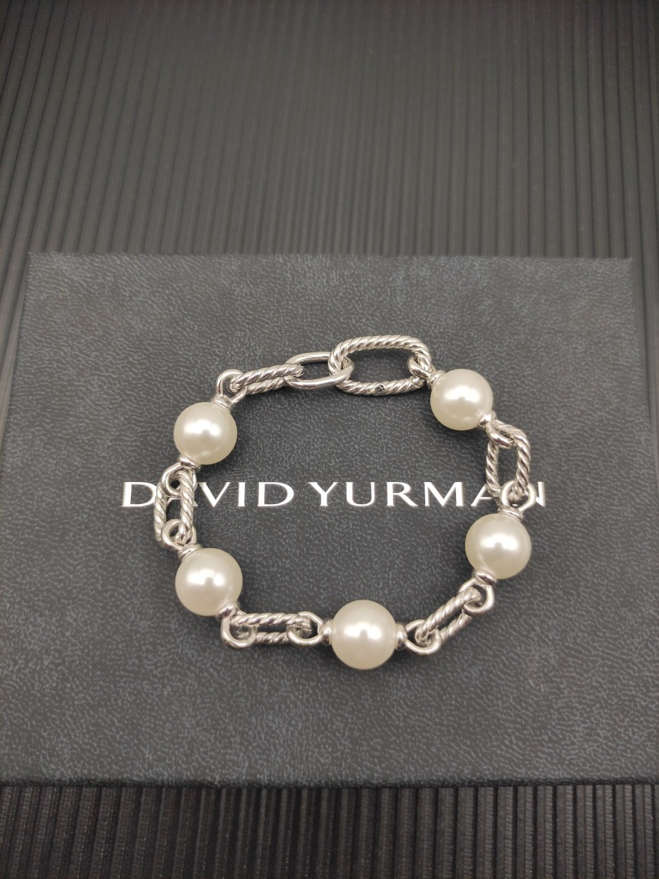 David Yurman Oval Link Cable Pearl Bracelet White Pearls 925 Silver SZ 7.-8IN