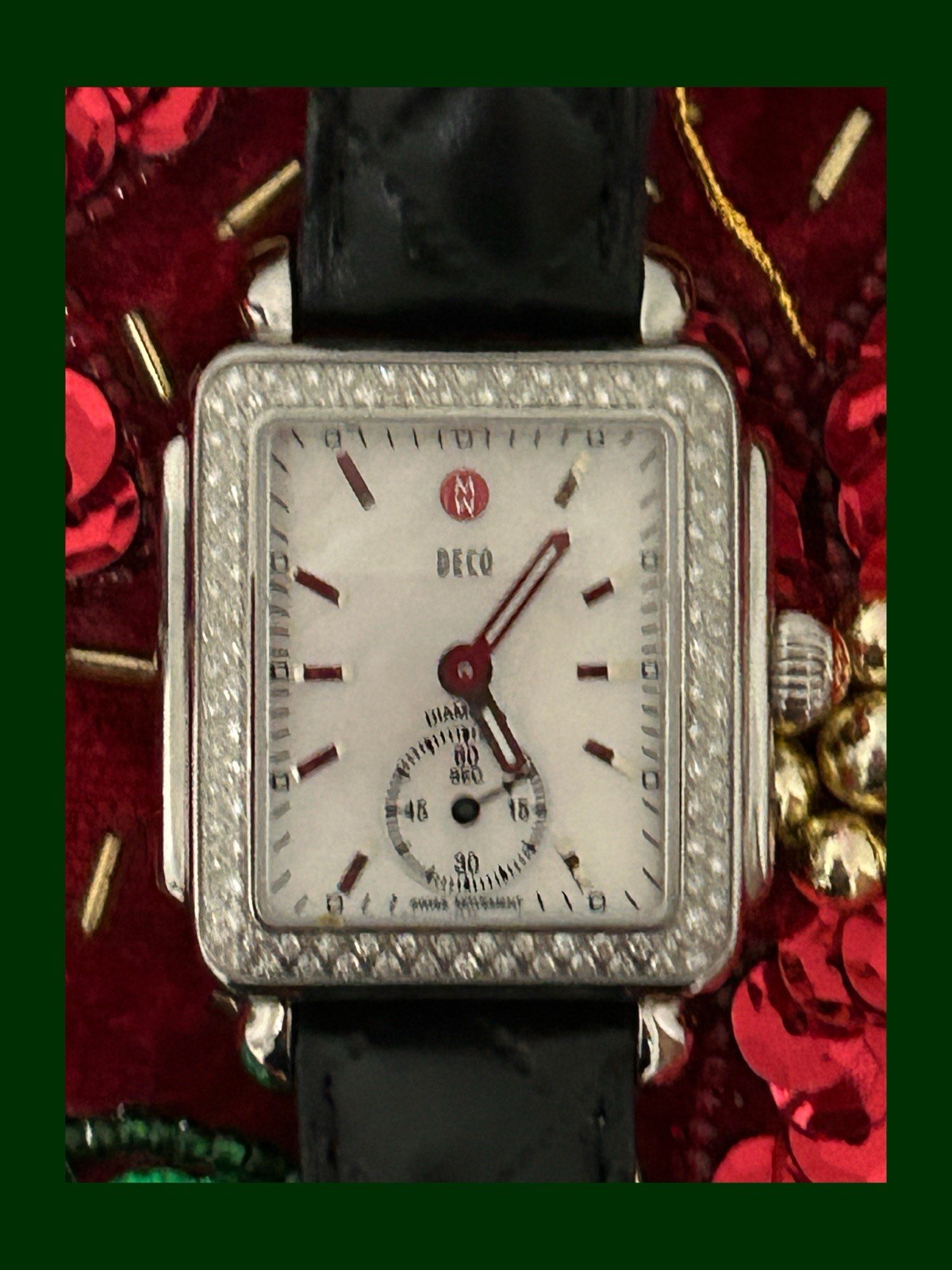Michele Deco Diamond Watch .49ct 108 Diamonds Black Leather Sapphire