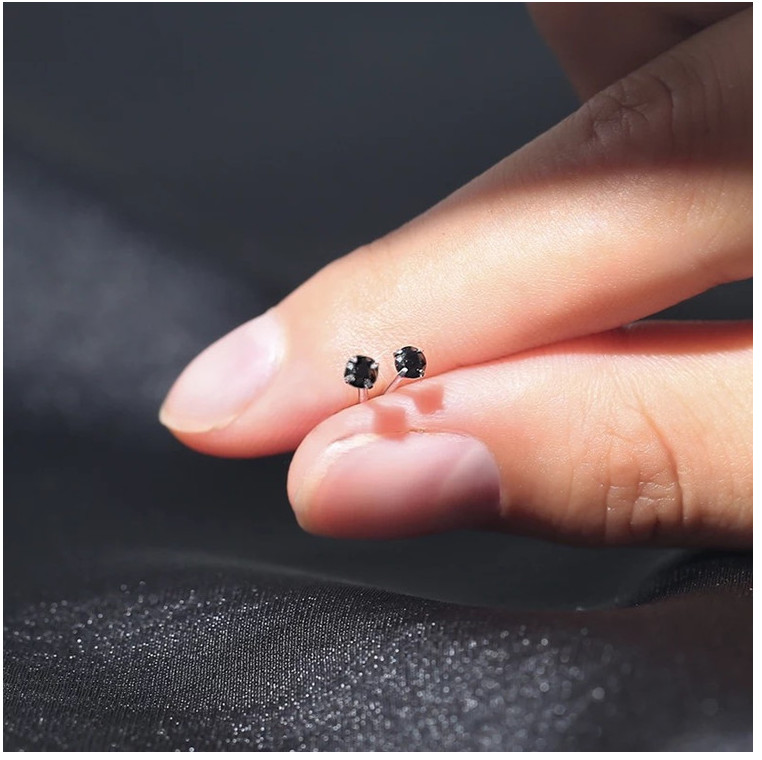 GENUINE S999 STERLING SILVER CZ Bone STUD EARRINGS 2mm TINY WOMEN GIRL Bar Ear