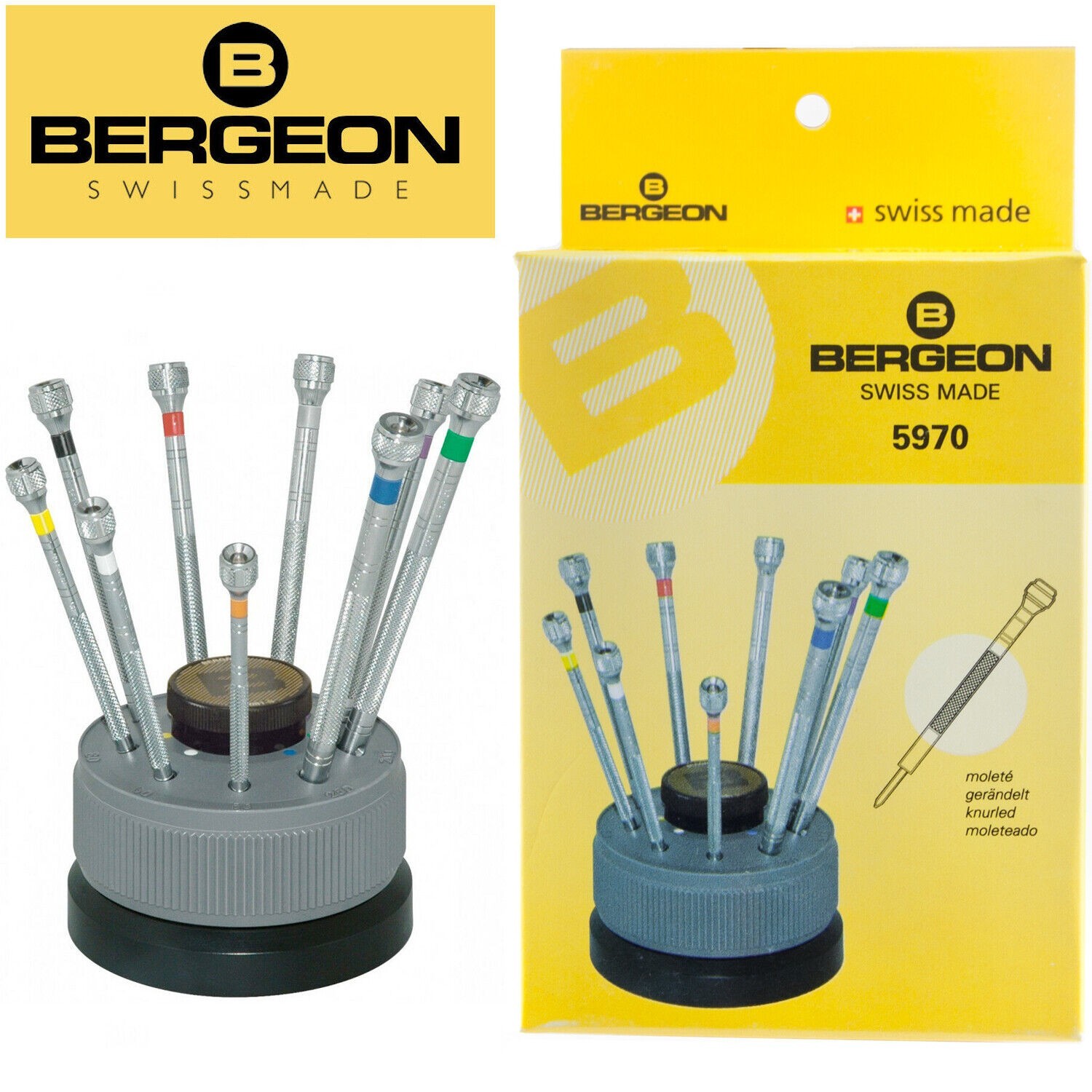 Bergeon 5970 Set of 9 Screwdrivers with Rotating Stand w/ Spare Blade Swiss Made