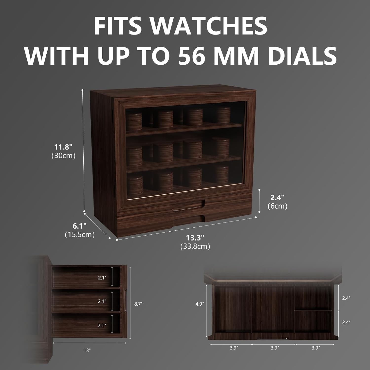 Stylish 12 Watch Jewelry Organizer with Polished Walnut Finish and Clear Window