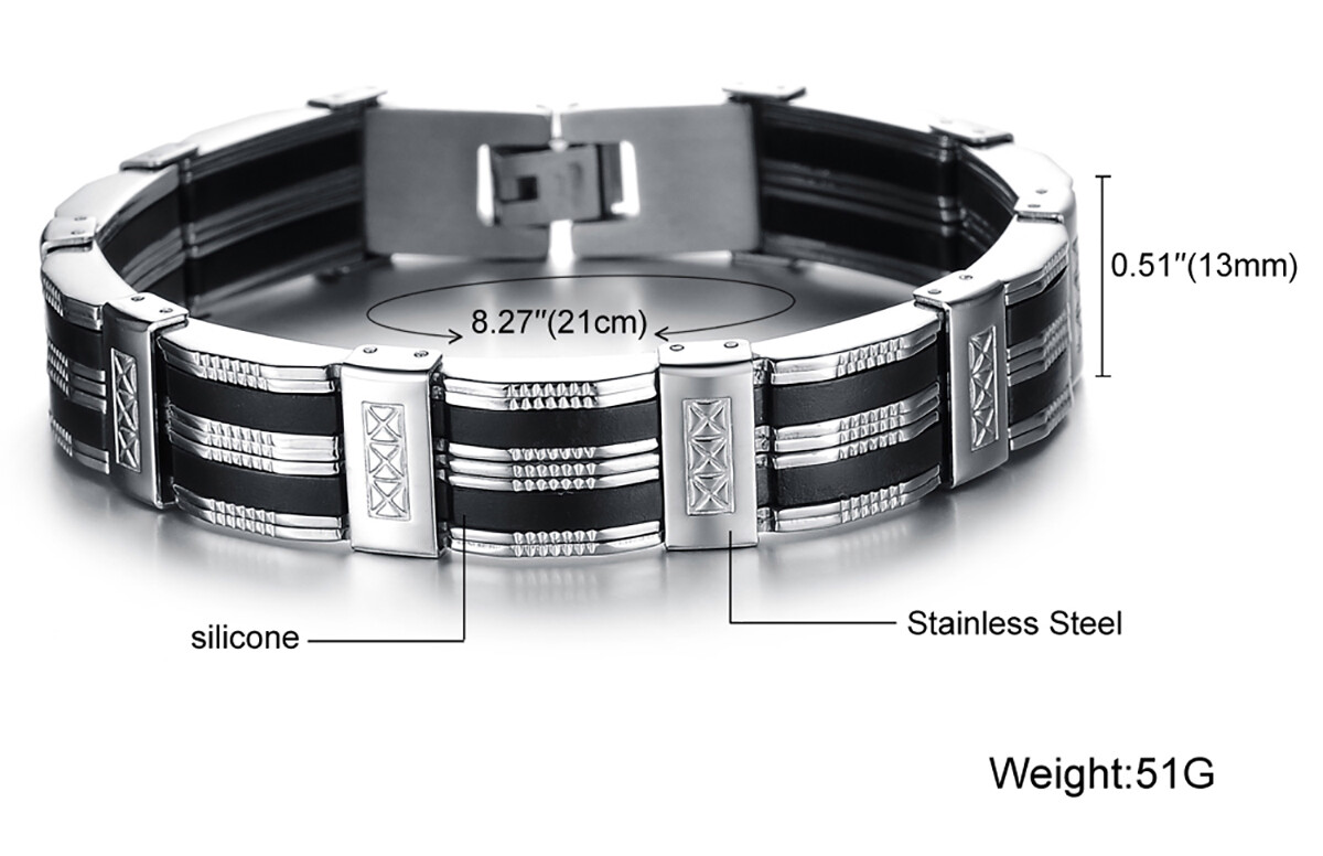 Men’s Black Silver Tone Silicone Rubber Stainless Steel Bracelet Chain Wristband
