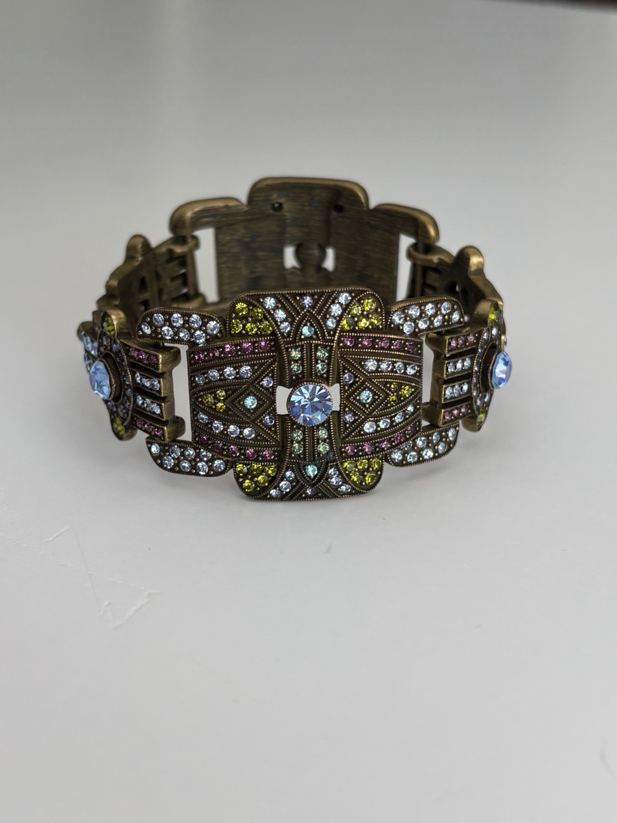 Heidi Daus Signed Art Deco Crystal Rhinestone Bracelet Bronze Tone 7.5″
