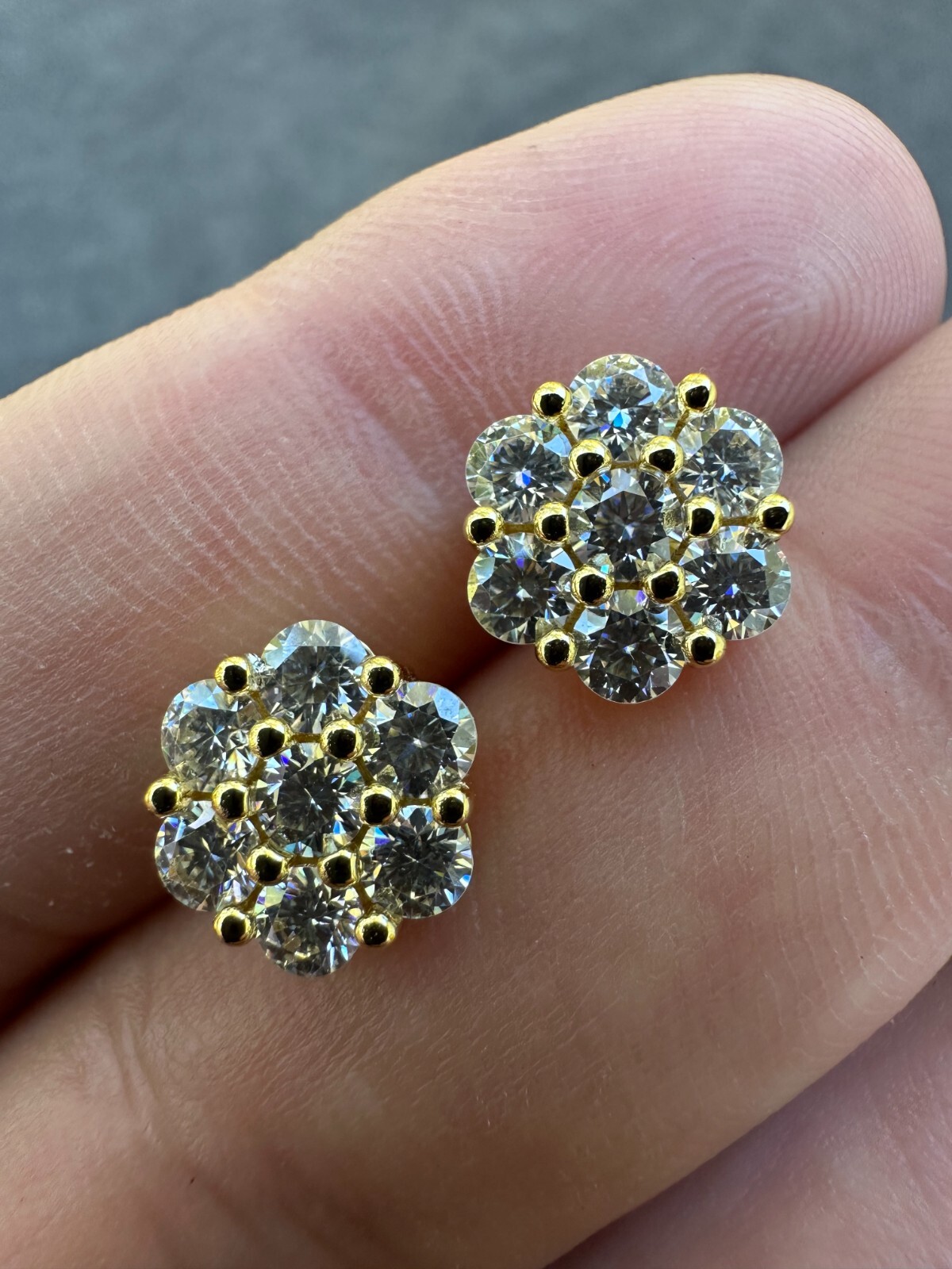 Moissanite Studs Iced Cluster Flower Set Earrings Real 14k Gold Over 925 Silver