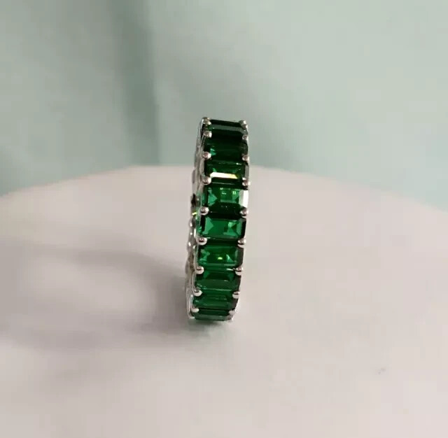 Lab Created Green Emerald Full Eternity Wedding Band Ring 14K White Gold Plated