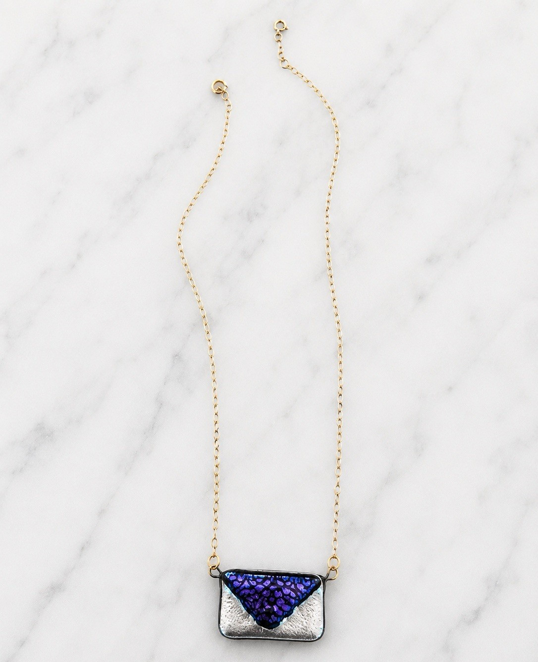 Silver Plated Cable Chain Necklace Blue Glass Rectangle Bezel Pendant