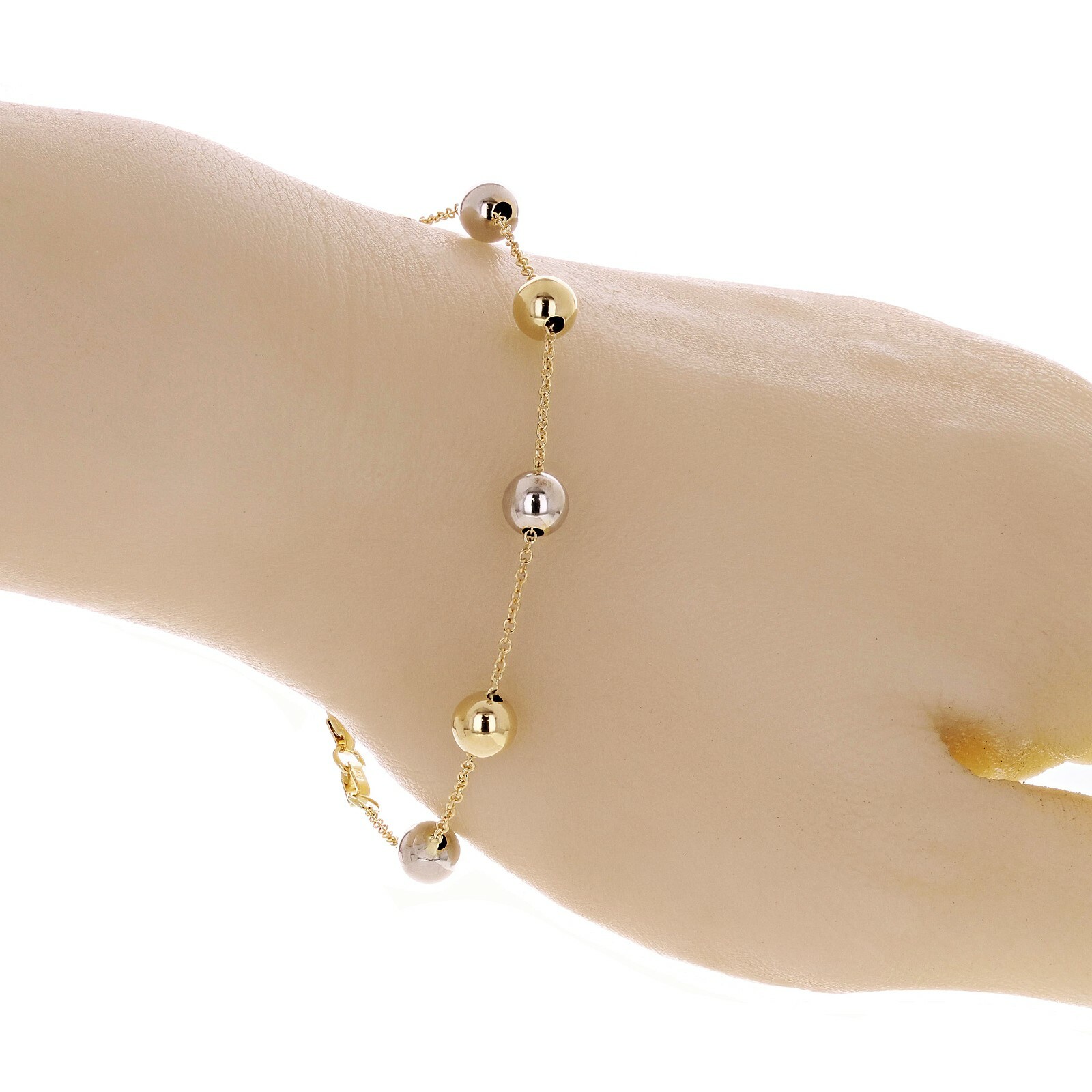 Italian 14k Yellow & White Gold Ball Bead Station Bracelet 7.5″ 6mm 2.2 grams