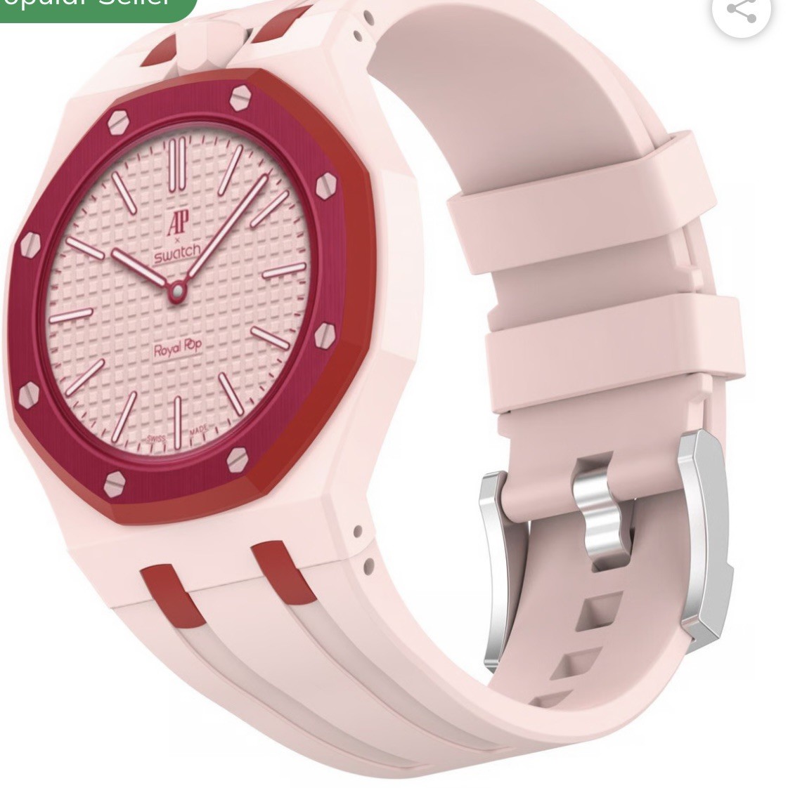 Swatch Royal Pop Pink Dial Red Octagon Case Quartz Analog Rubber Strap w/ Box