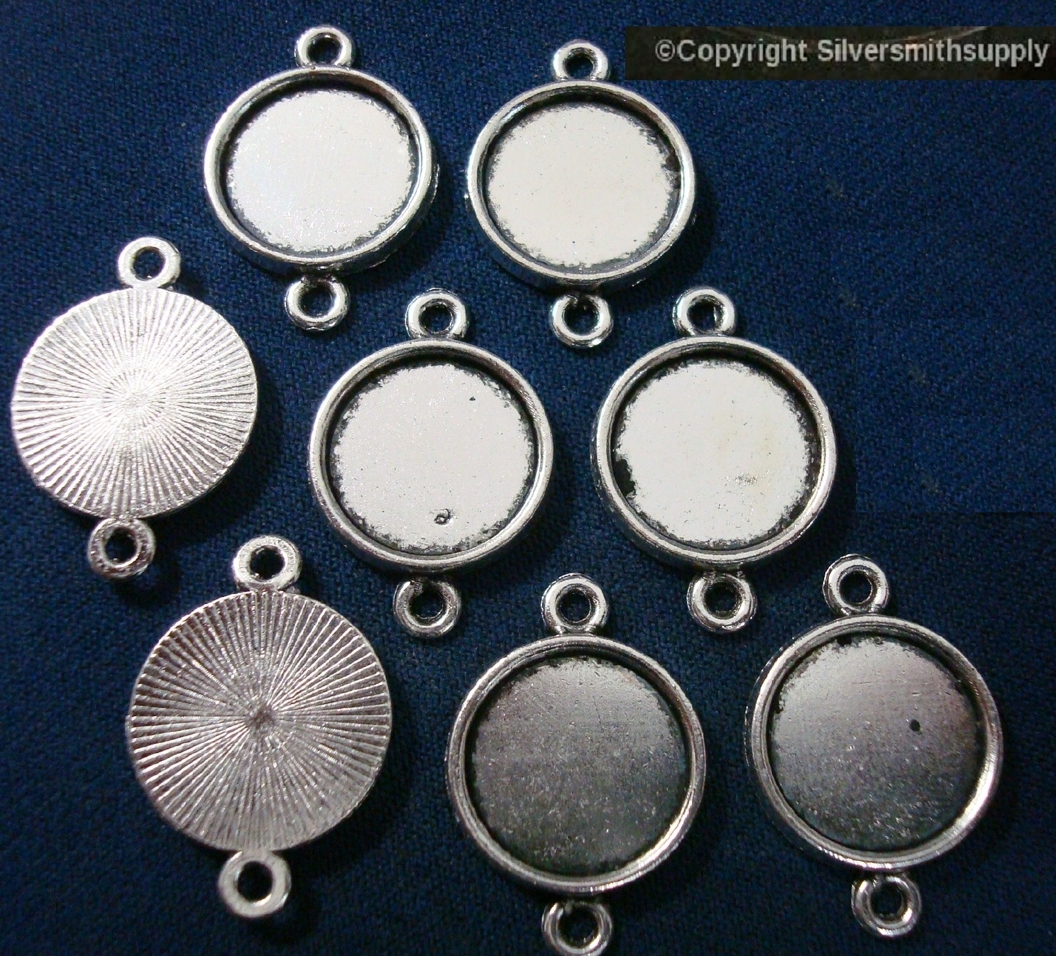 8 Plain Bezel cups tray Silver pl 14mm cabochon pendant setting 2 loops FPE174