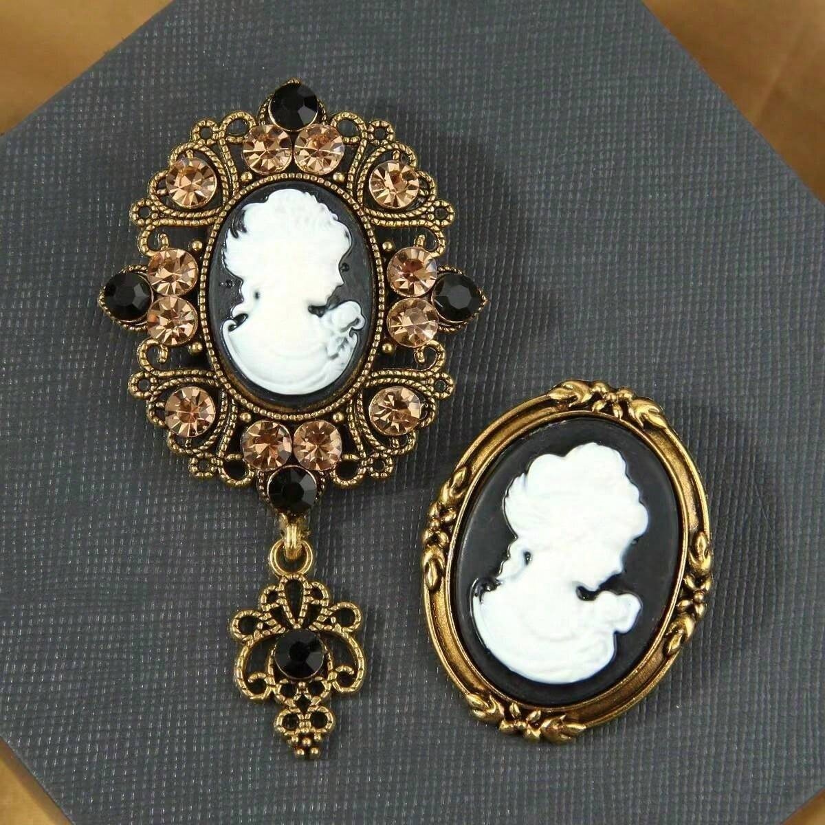 2 Pcs Black Elegant Victorian Vintage Court Style Cameo Brooch Pin Portrait