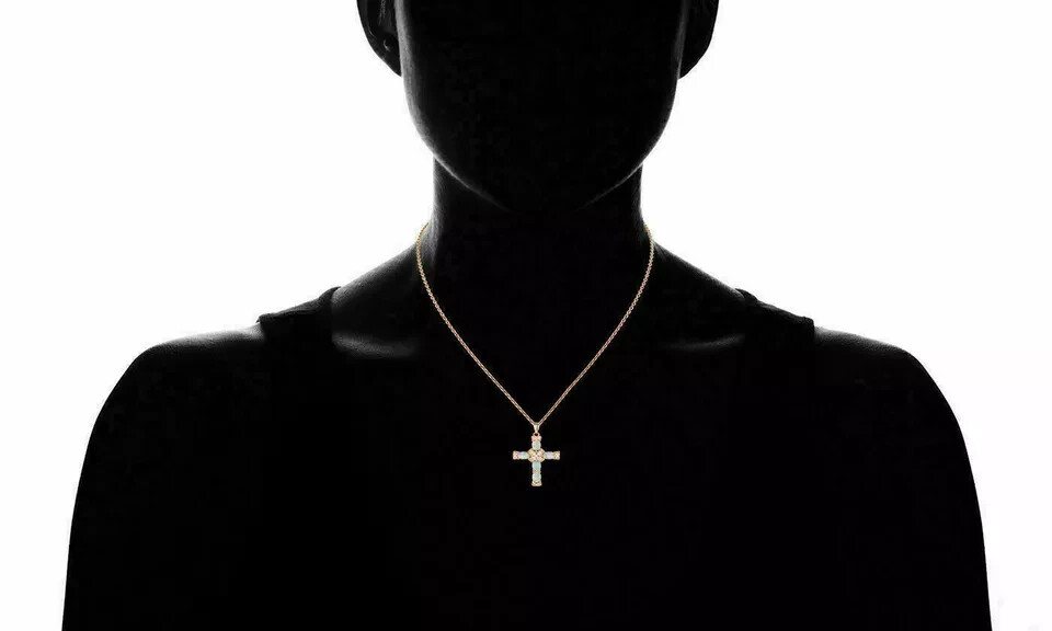 3Ct Oval Cut Fire Opal & Diamond Cross Women’s Pendant 14K White Gold Finish