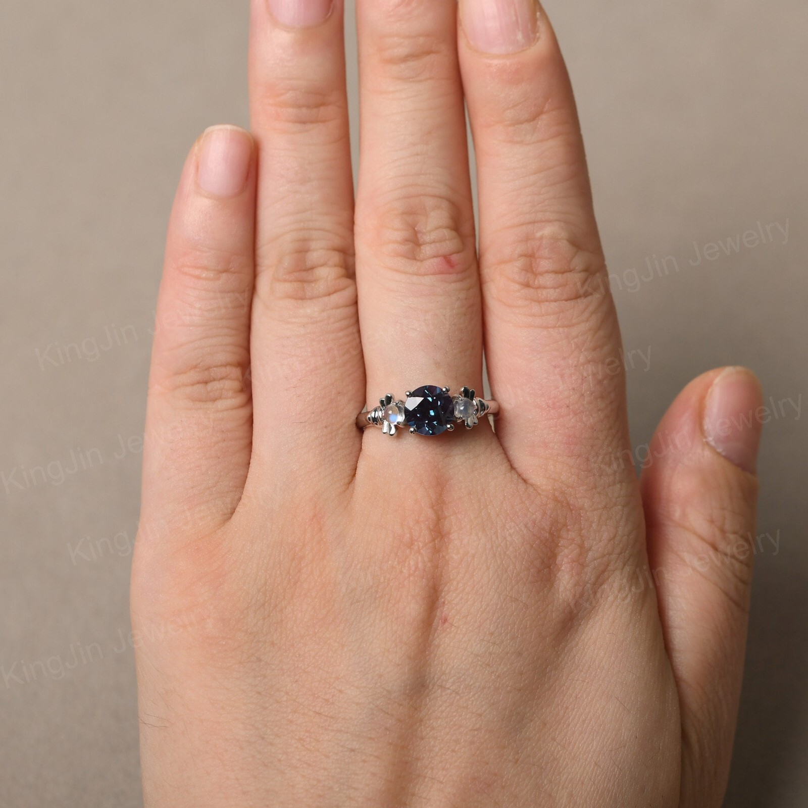 Custom 3 Stones Silver lab created Alexandrite color change and Moonstone Ring