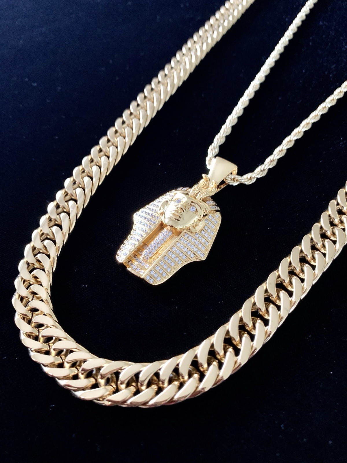 18K GOLD ROPE 24” CHAIN EGYPTIAN PHARAOH LAB DIAMONDS NECKLACE **MADE IN ITALY**