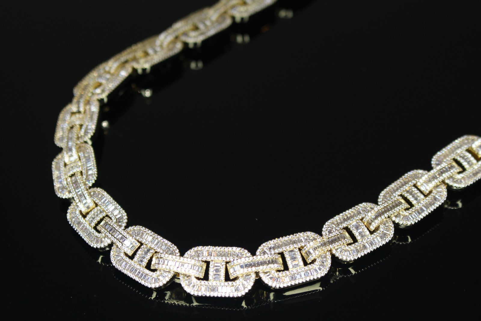 14k STAMP 14mm MARINER Chain Necklace 82.6ct BAGUETTES Lab Sim VVS1 Diamond Gold