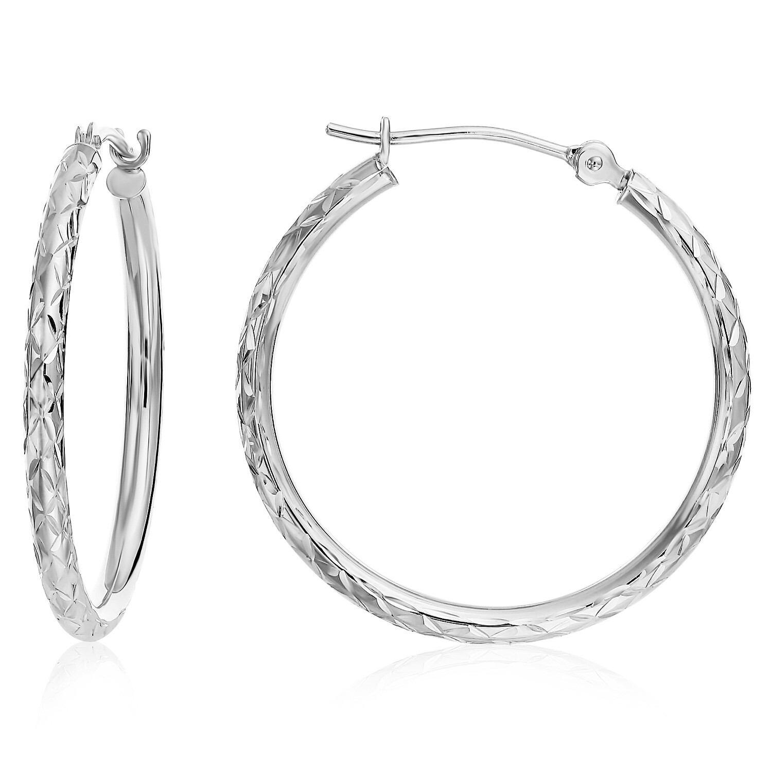 14K Real Solid White Gold X Diamond-Cut Round Creole Hoops Earrings All Sizes