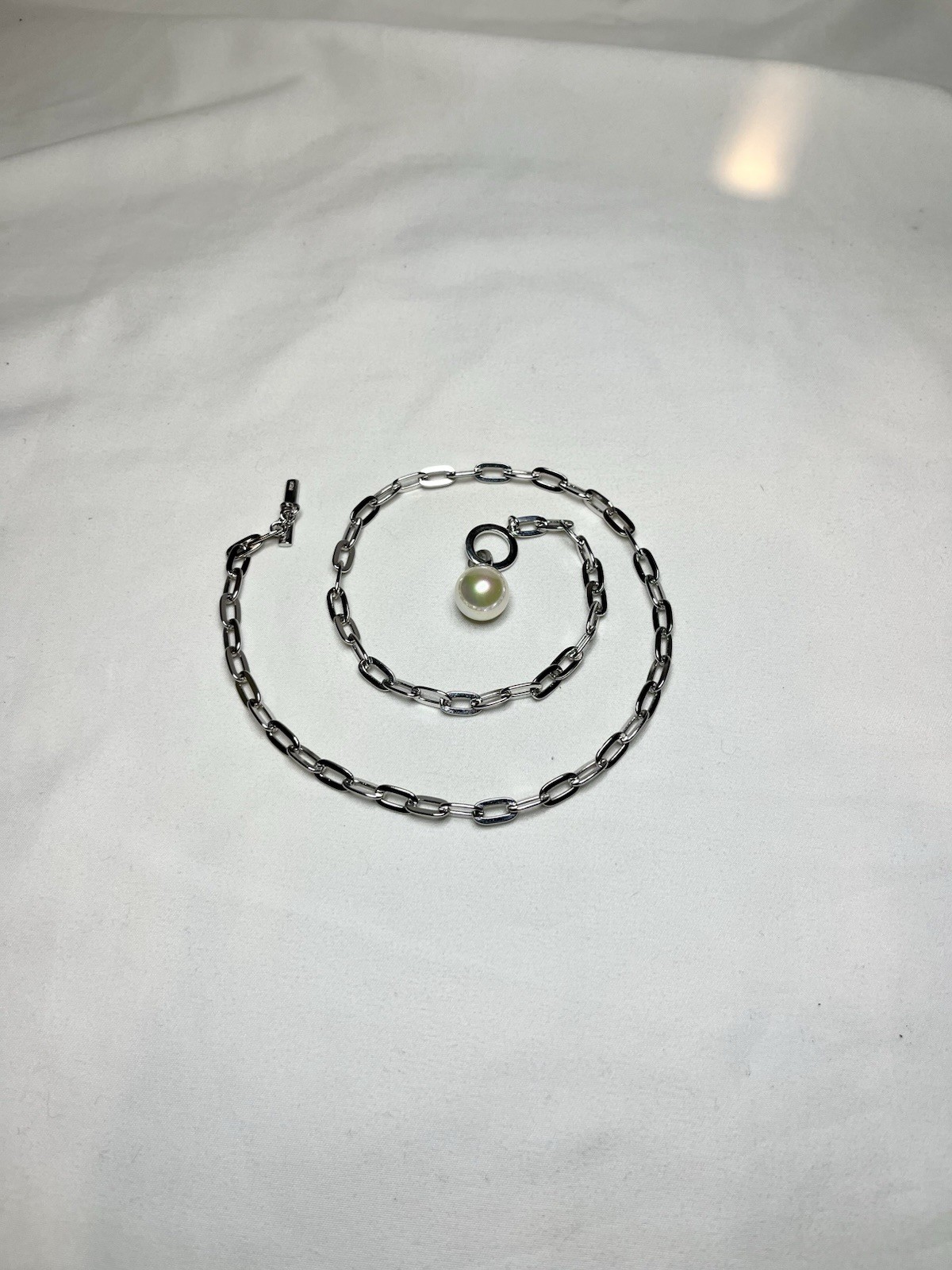925 Sterling Silver Paperclip Chain Toggle Clasp Pearl Pendant Necklace Charm