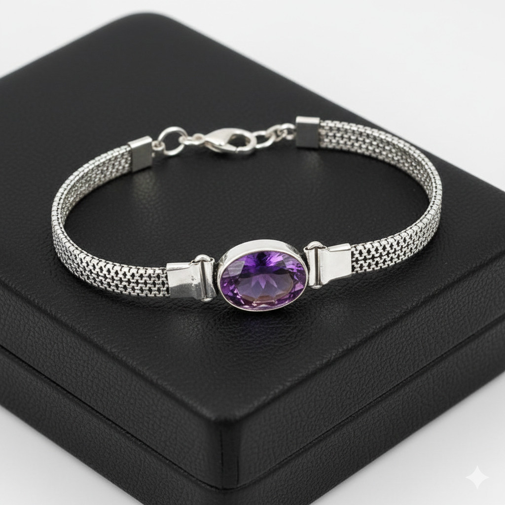 Purple Amethyst Gemstone Handmade 925 Sterling Silver Jewelry Chain Bracelet