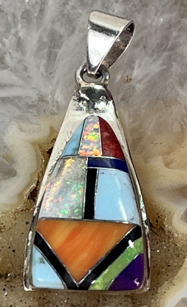 Turquoise Multi Stone Inlay Sterling Silver Pendant NAVAJO Trevor Jack Signed