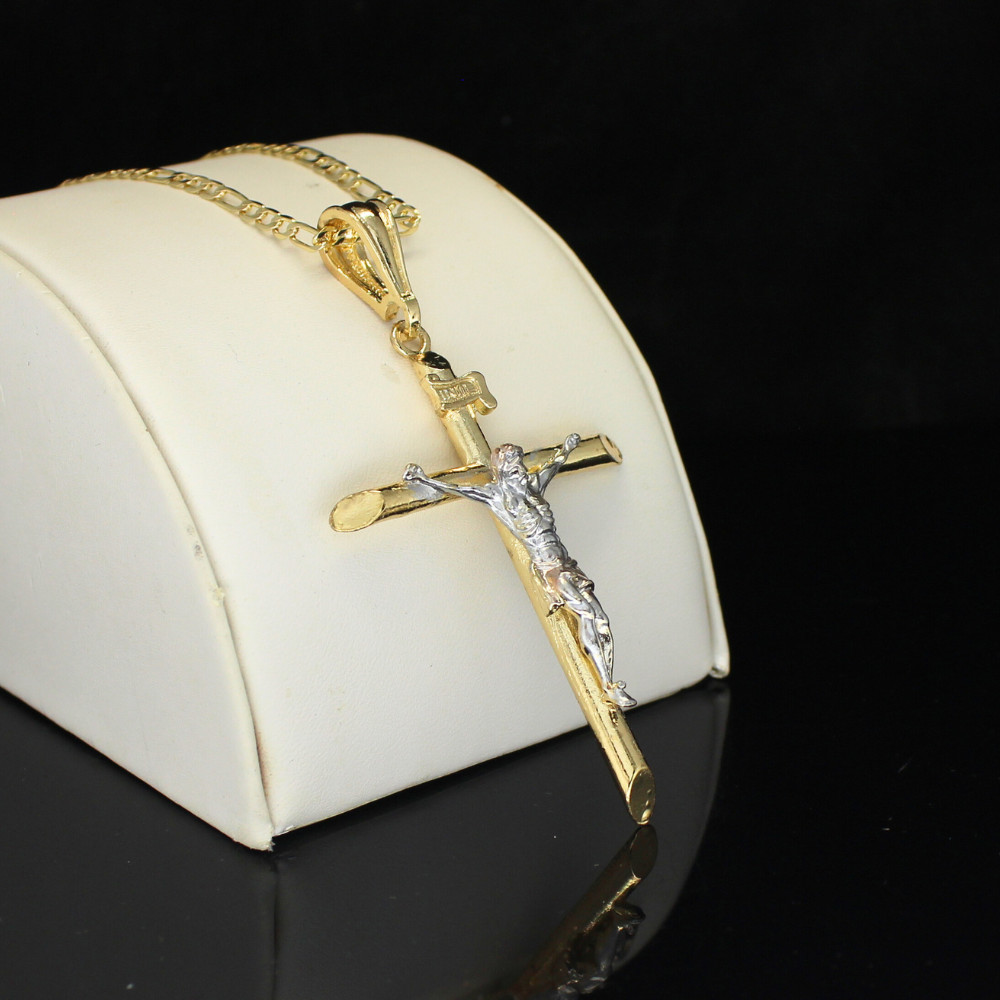 14k Two Tone Plated 65mm Crucifix Pendant 20″ Figaro Chain Men Women Necklace