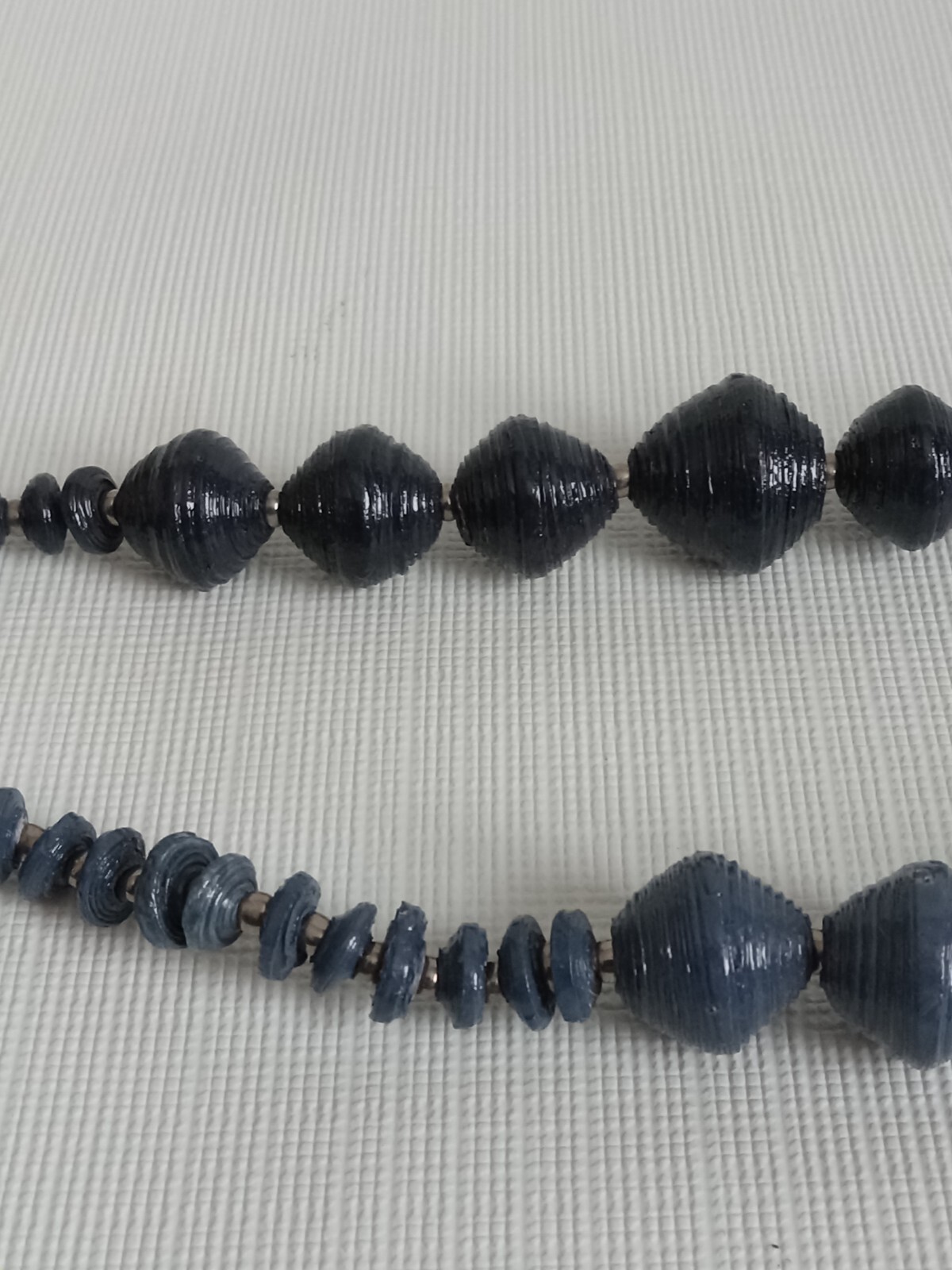 Shades of Blue Lightweight Ribbed Paper Beads Long Length Single Strand Necklace