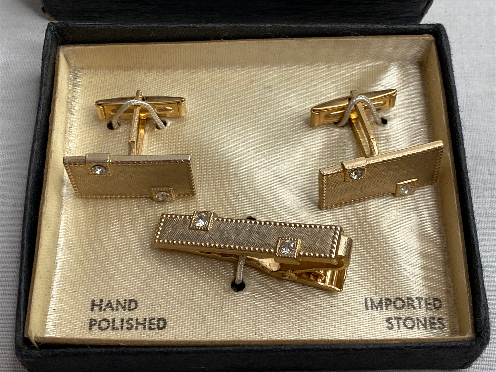 Vintage New 3 pc Set Tie Clip + Cufflinks Hand Polished Goldtone Imported Stones