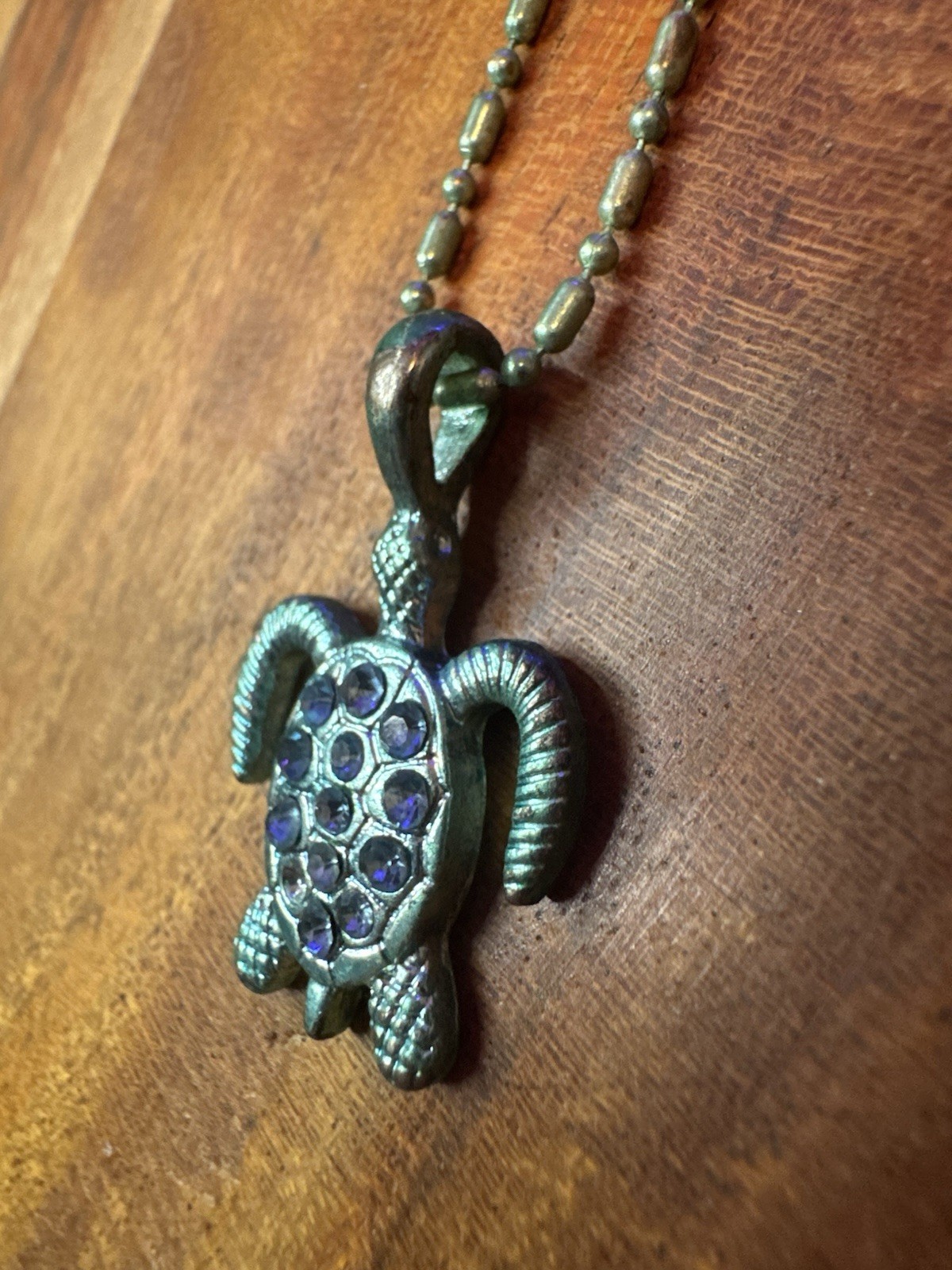 Teal Y2K Surf Turtle Charm Pendant Necklace teal Rhinestones Ball Chain Lobster